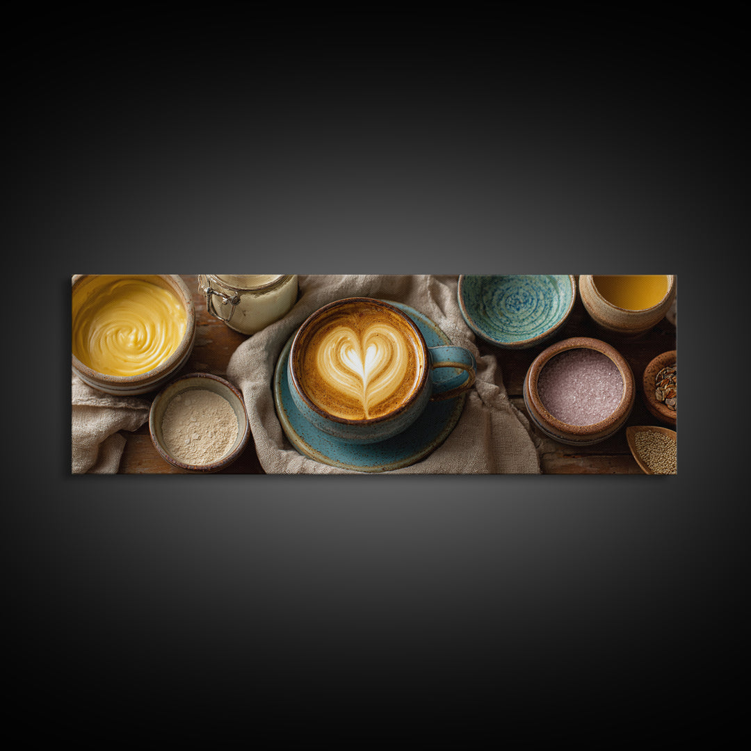 Latte Art Heart Seen from Above Framed Canvas Print, Coffee Shop Art, Modern Decor, Cafe Decor, Fine Art, Cafe, Wall Decor, CSA-3x1-44