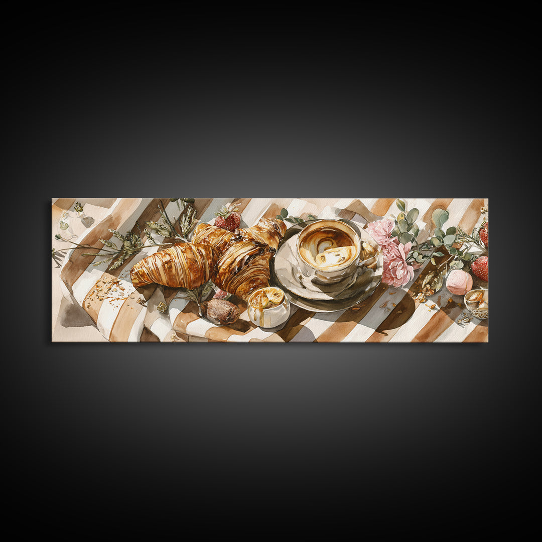 Croissant and Cappuccino on Striped Cloth Canvas Print, Coffee Shop Art, Moody Wall Art, Cafe Decor, Cafe, Luxury Decor, CSA-3x1-45
