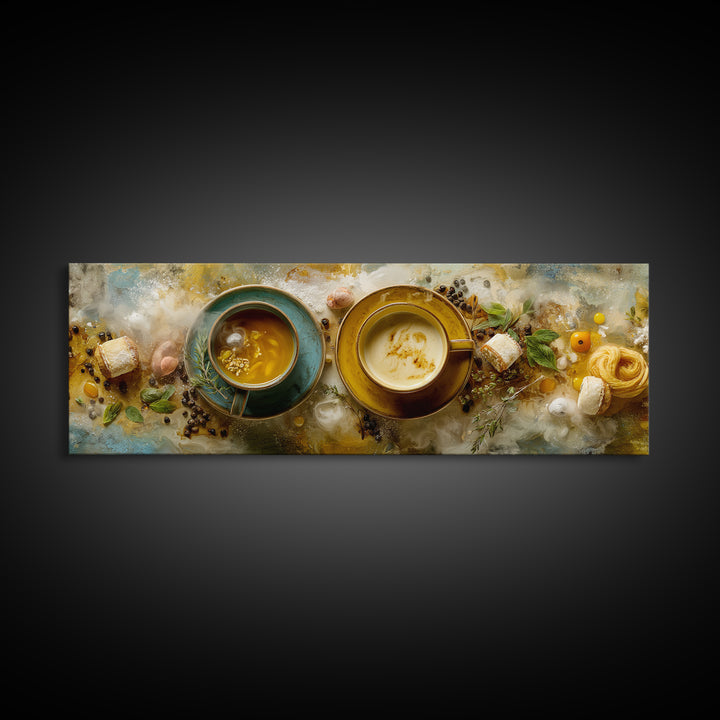 Two Cups Facing Each Other Framed Canvas Print, Coffee Shop Art, Coffee Art, Cafe Decor, Fine Art, Cafe, Textured Painting, CSA-3x1-53