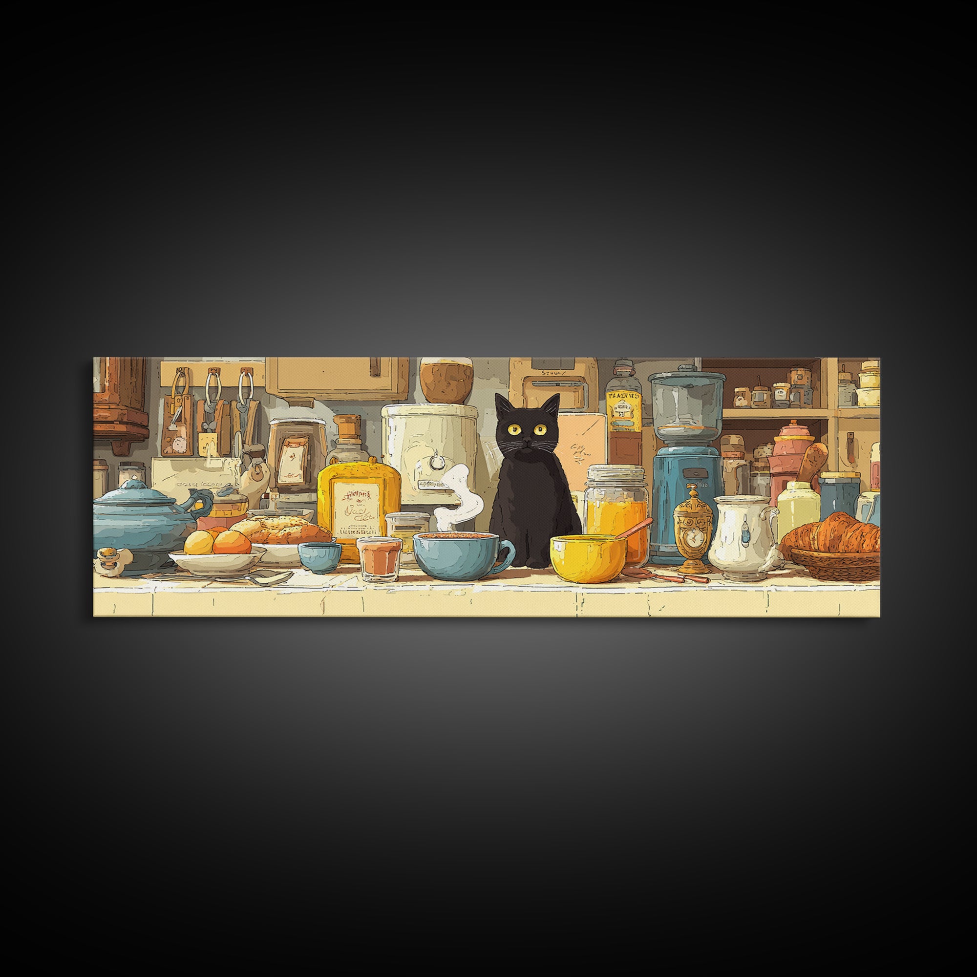 Black Cat Beside a Steaming Cup Canvas Print, Coffee Shop Art, Moody Wall Art, Cafe Decor, Fine Art, Cafe, Luxury Decor, CSA-3x1-6
