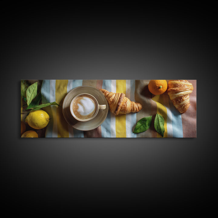 Croissant and Cappuccino on Striped Cloth Framed Canvas Print, Coffee Shop Art, Gallery Decor, Cafe Decor, Fine Art, Cafe, CSA-3x1-69