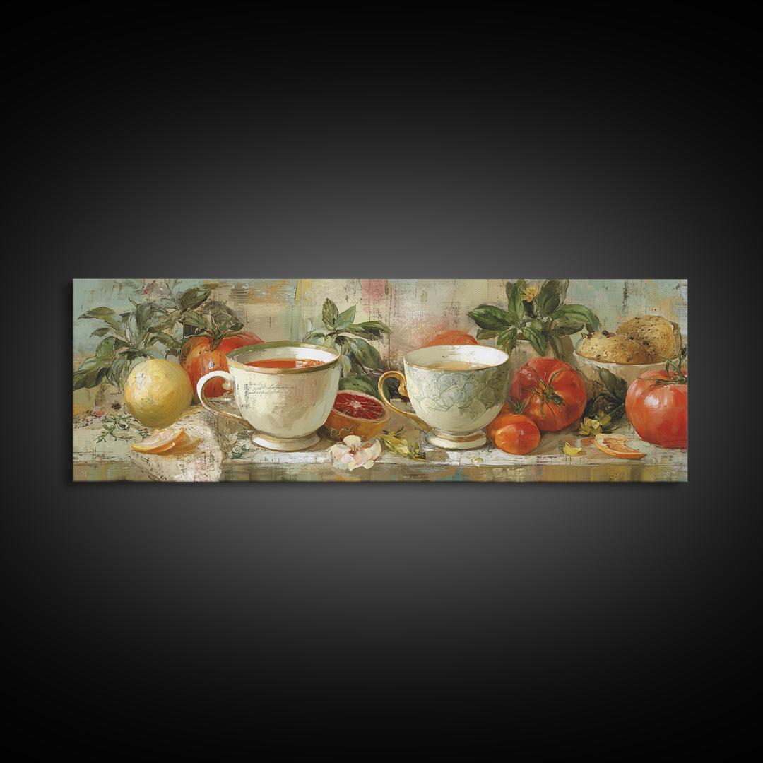 Two Cups Facing Each Other Framed Canvas Print, Coffee Shop Art, Coffee Art, Cafe Decor, Fine Art, Cafe, Textured Painting, CSA-3x1-77
