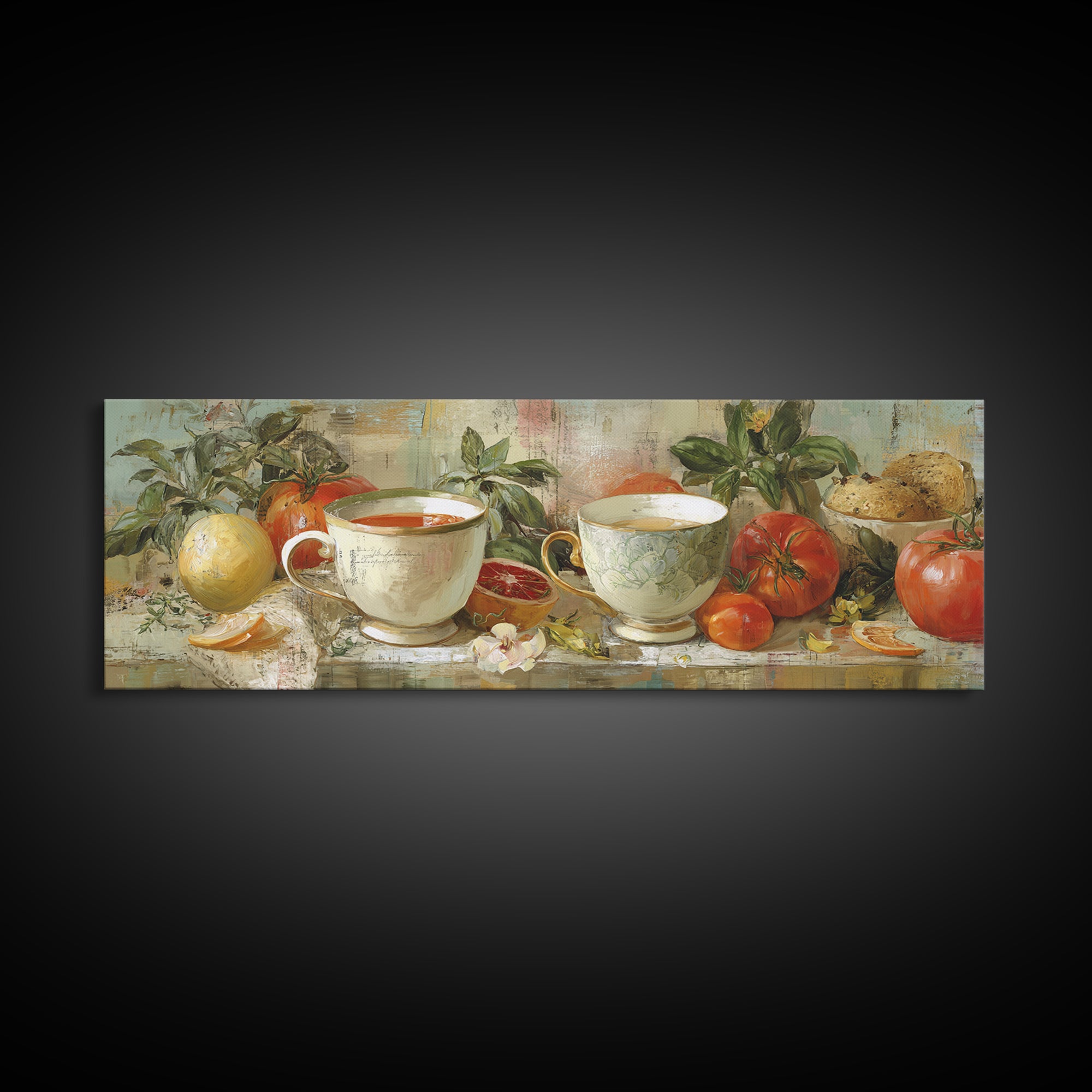 Two Cups Facing Each Other Framed Canvas Print, Coffee Shop Art, Coffee Art, Cafe Decor, Fine Art, Cafe, Textured Painting, CSA-3x1-77