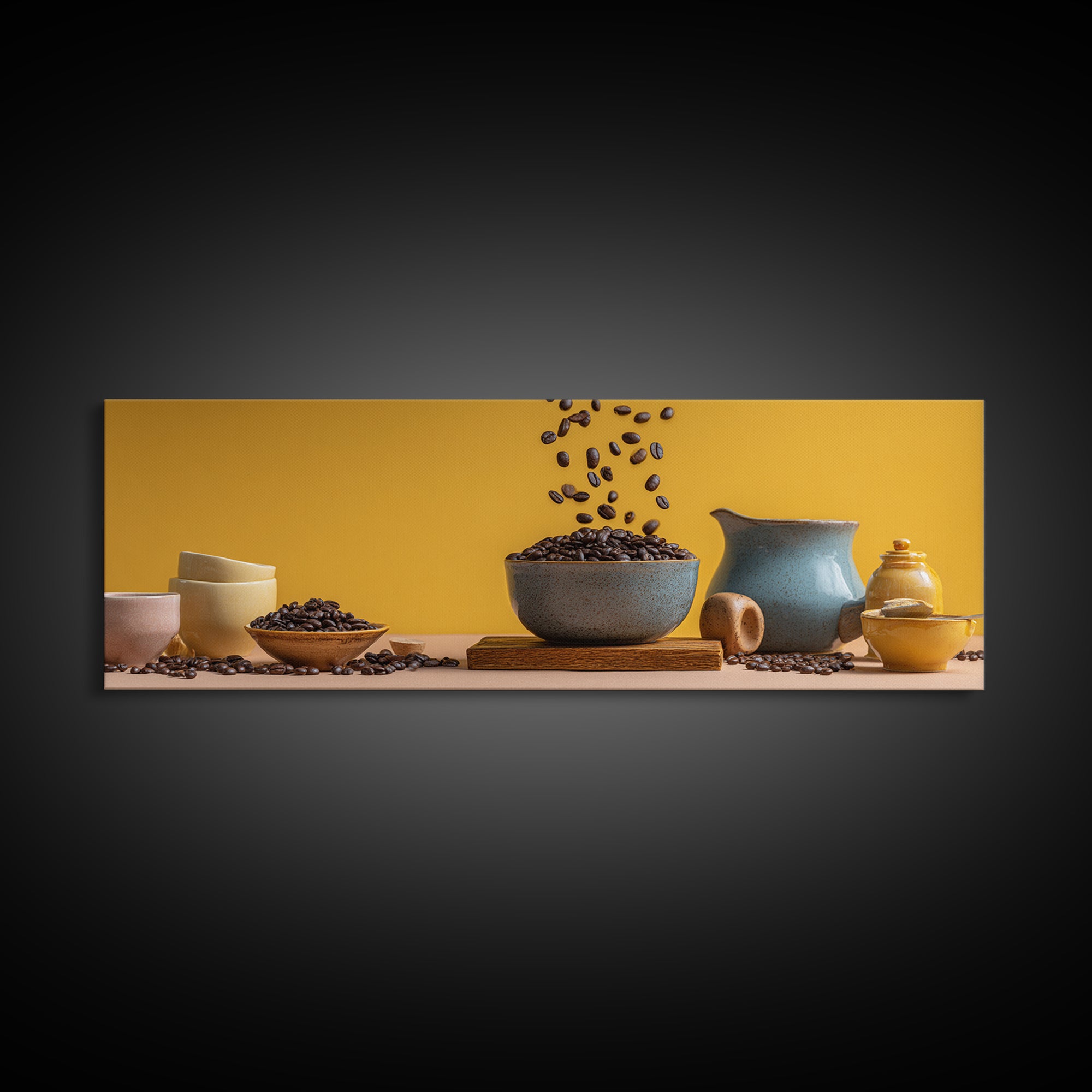 Roasted Beans Falling Through Dark Space Framed Canvas Print, Coffee Shop Art, Printable, Cafe Decor, Fine Art, Cafe, CSA-3x1-84
