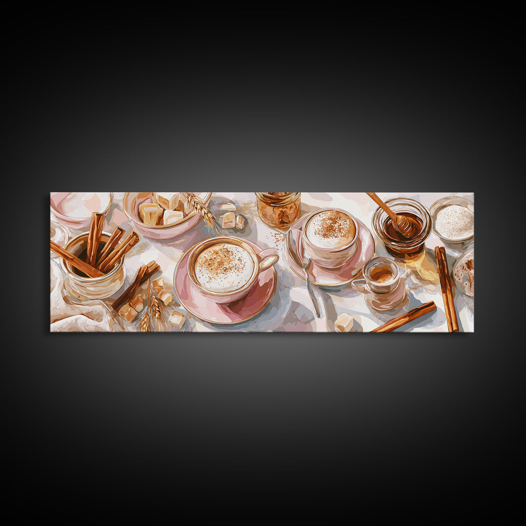 Cinnamon Sticks and Cappuccino Foam Still Life Canvas Print, Coffee Shop Art, Wall Art, Cafe Decor, Oil Painting, Cafe, CSA-3x1-88