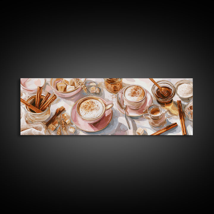 Cinnamon Sticks and Cappuccino Foam Still Life Canvas Print, Coffee Shop Art, Wall Art, Cafe Decor, Oil Painting, Cafe, CSA-3x1-88