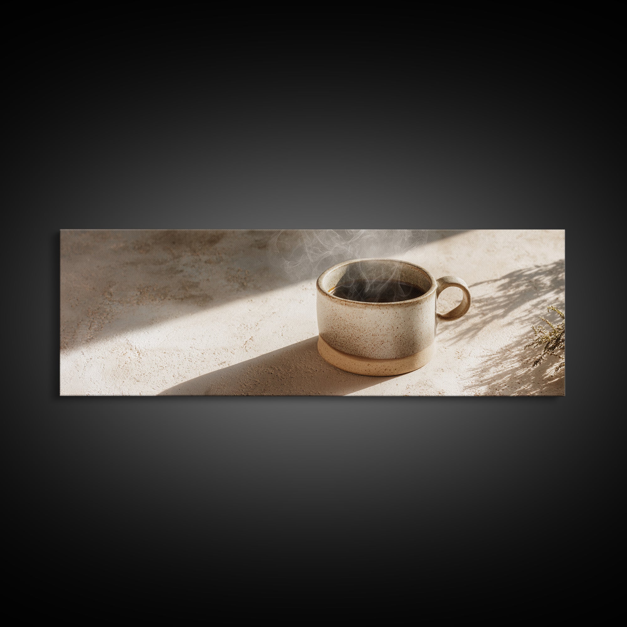 Espresso Cup with Rising Steam and Warm Framed Canvas Print, Coffee Shop Art, Boho Decor, Cafe Decor, Oil Painting, Cafe, CSA-3x1-89