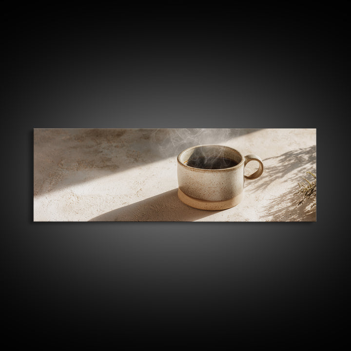 Espresso Cup with Rising Steam and Warm Framed Canvas Print, Coffee Shop Art, Boho Decor, Cafe Decor, Oil Painting, Cafe, CSA-3x1-89