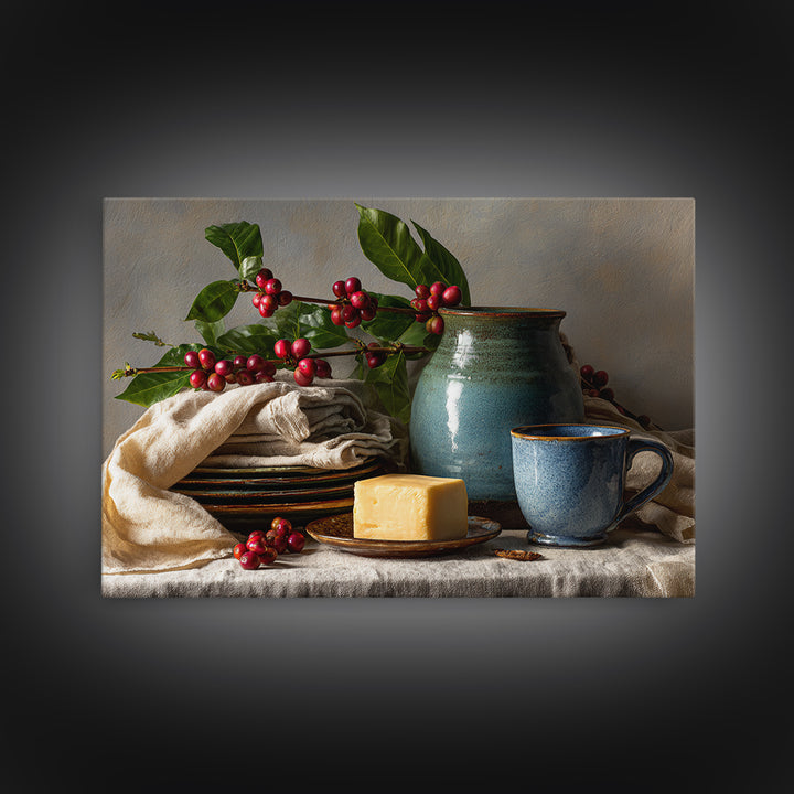 Botanical Coffee Plant Branch Framed Canvas Print, Coffee Shop Art, Dopamine Decor, Cafe Decor, Oil Painting, Cafe, CSA-3x2-10
