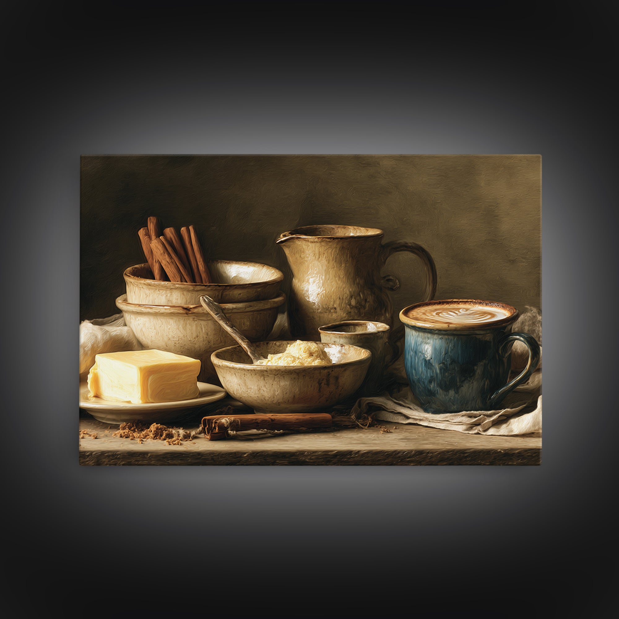 Cinnamon Sticks and Cappuccino Foam Still Life Framed Canvas Print, Coffee Shop Art, Wall Art, Cafe Decor, Oil Painting, Cafe, CSA-3x2-100