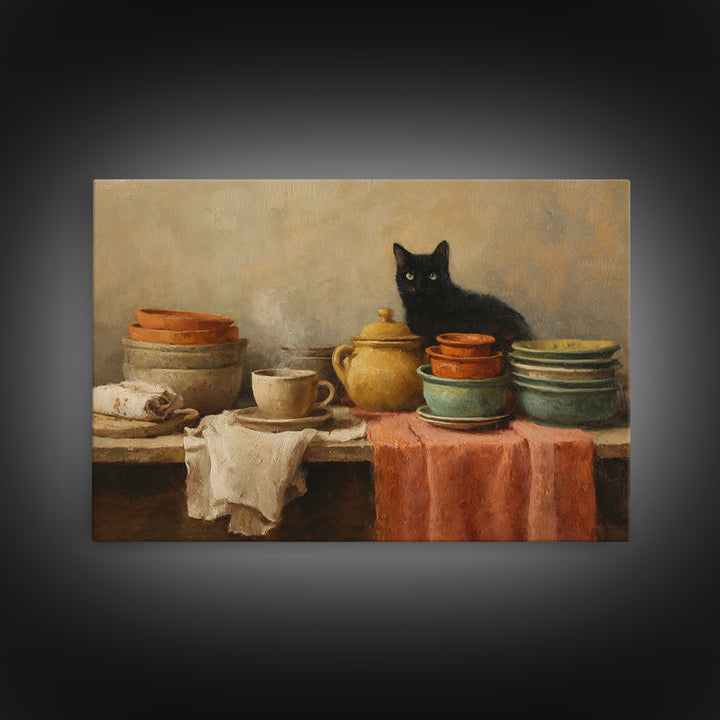 Black Cat Beside a Steaming Cup Framed Canvas Print, Coffee Shop Art, Kitchen Art, Cafe Decor, Cafe, Minimalist Wall Art, CSA-3x2-18