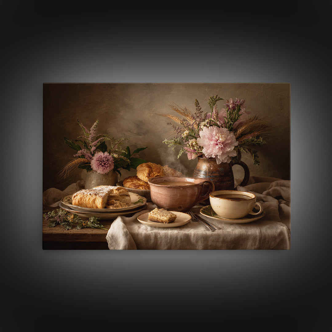 Sunlit Pastry and Coffee Arrangement Framed Canvas Print, Coffee Shop Art, Coffee Art, Cafe Decor, Fine Art, Cafe, CSA-3x2-23