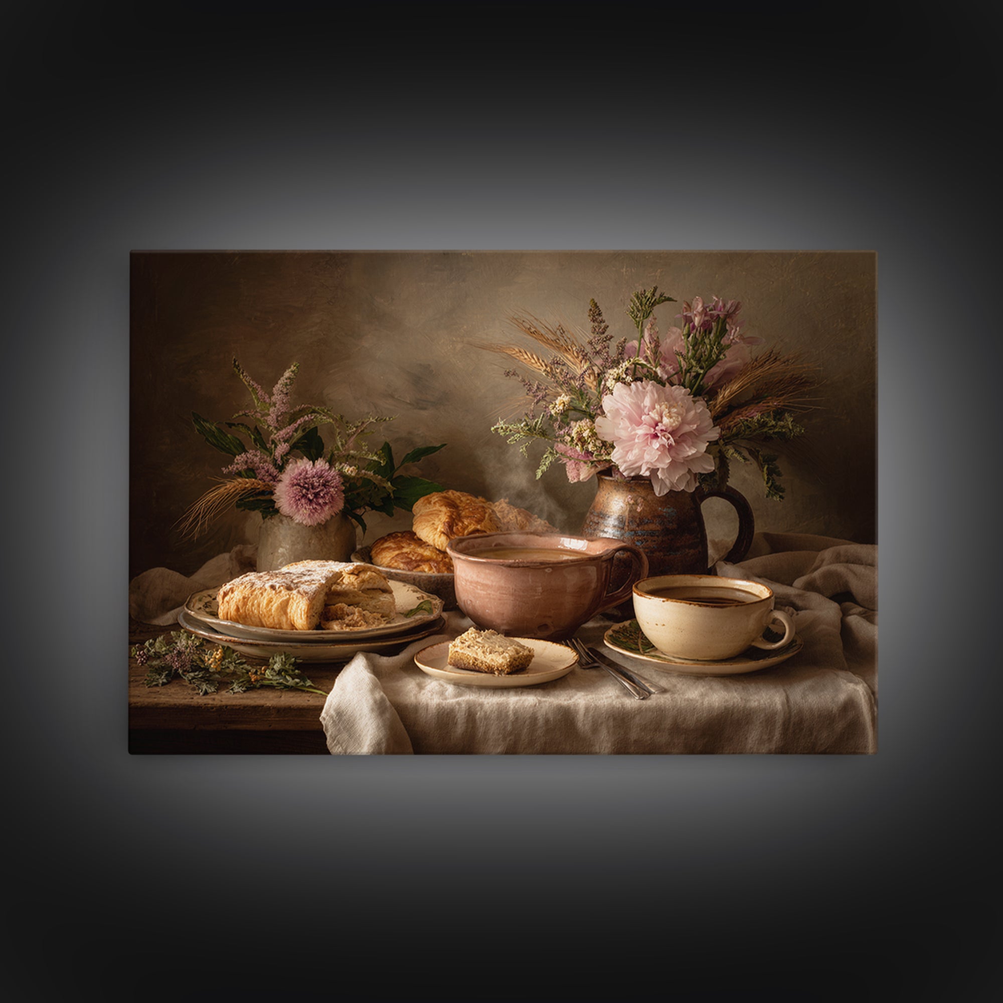 Sunlit Pastry and Coffee Arrangement Framed Canvas Print, Coffee Shop Art, Coffee Art, Cafe Decor, Fine Art, Cafe, CSA-3x2-23