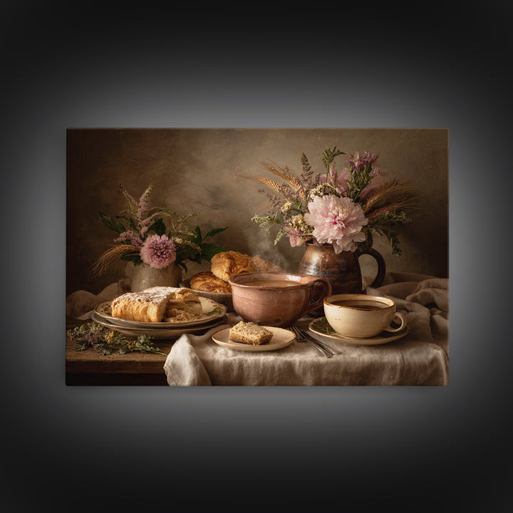 Sunlit Pastry and Coffee Arrangement Framed Canvas Print, Coffee Shop Art, Coffee Art, Cafe Decor, Fine Art, Cafe, CSA-3x2-23