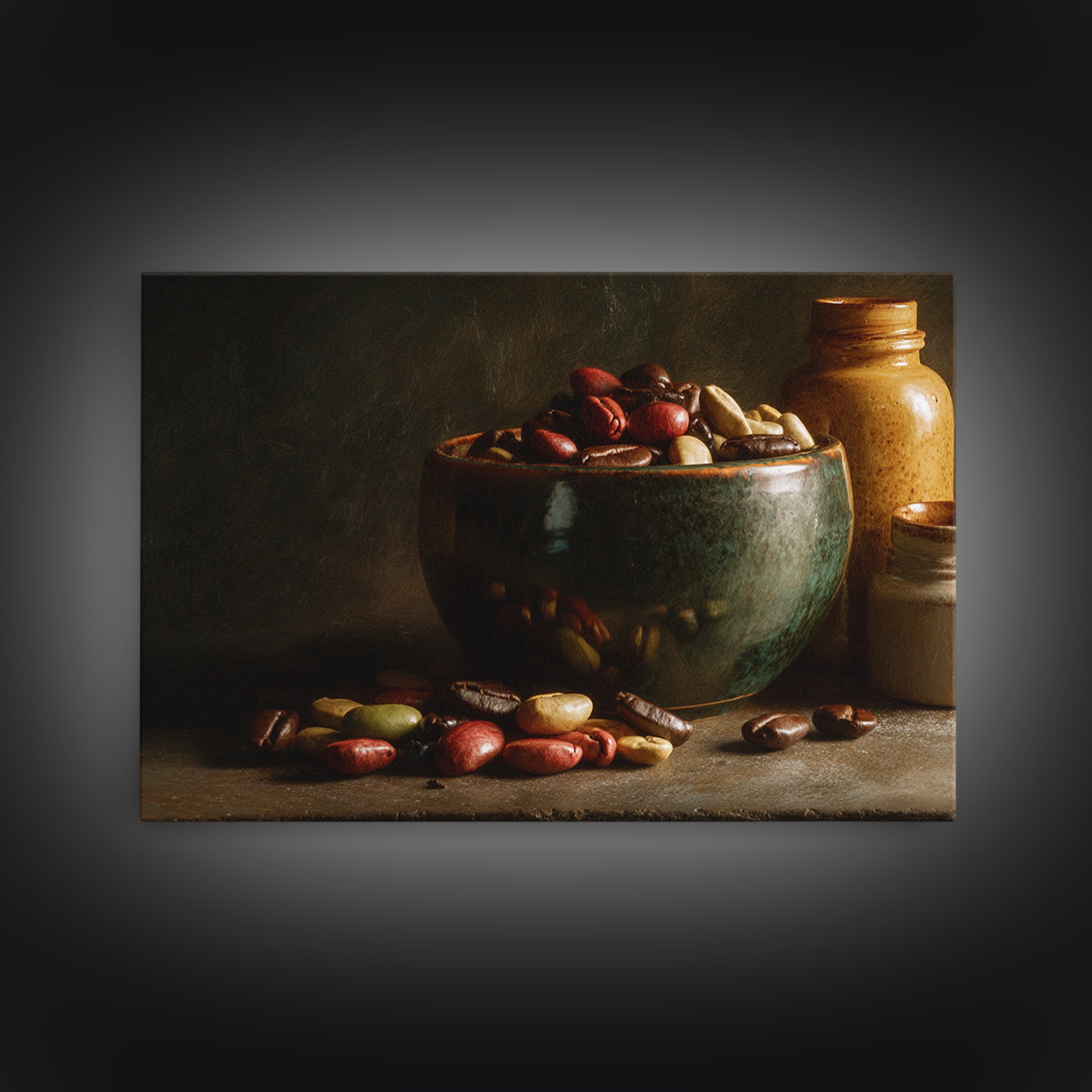 Roasted Beans Falling Through Dark Space Framed Canvas Print, Coffee Shop Art, Moody Wall Art, Cafe Decor, Fine Art, Cafe, CSA-3x2-24