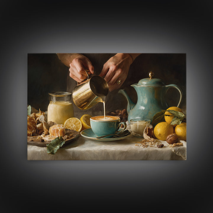 Barista Hands Pouring Milk into Espresso Framed Canvas Print, Coffee Shop Art, Minimalist Wall Art, Cafe Decor, Abstract Art, CSA-3x2-25