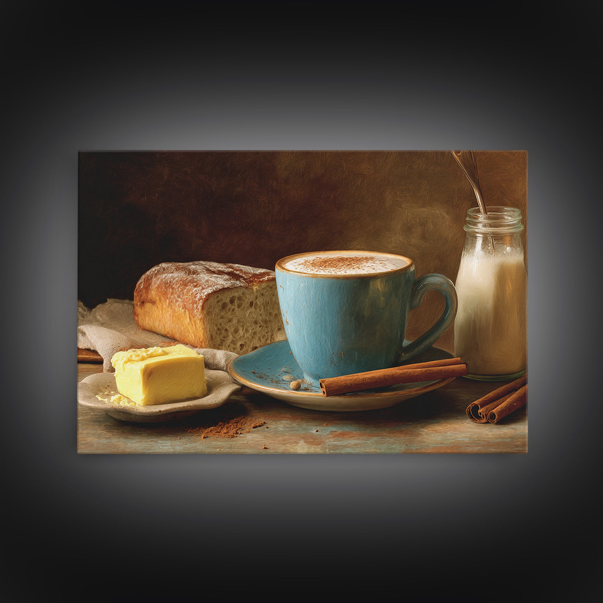 Cinnamon Sticks and Cappuccino Foam Still Life Framed Canvas Print, Coffee Shop Art, Bedroom Wall Art, Cafe Decor, Cafe, CSA-3x2-28