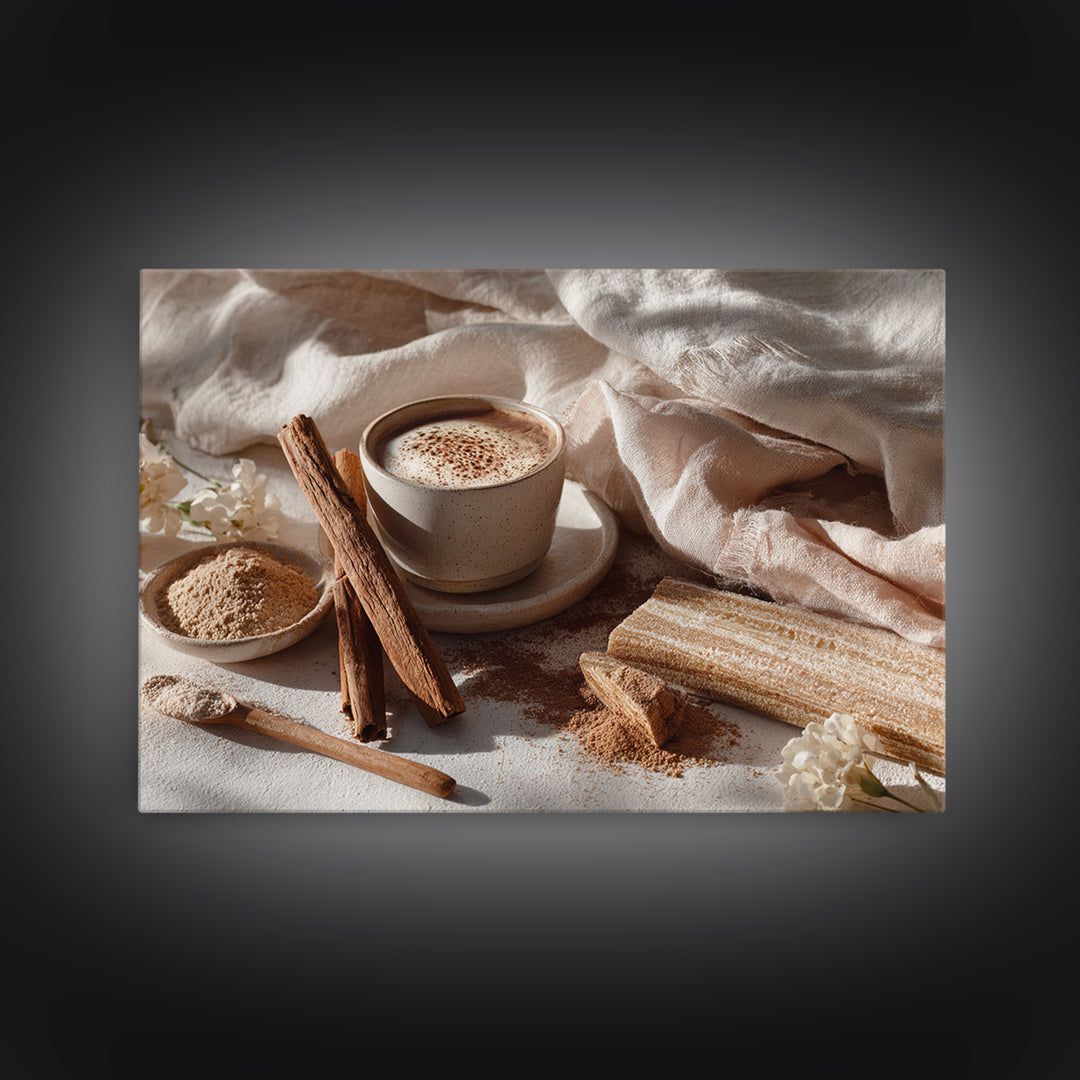 Cinnamon Sticks and Cappuccino Foam Still Life Canvas Print, Coffee Shop Art, Kitchen Gift, Cafe Decor, Oil Painting, Cafe, CSA-3x2-4