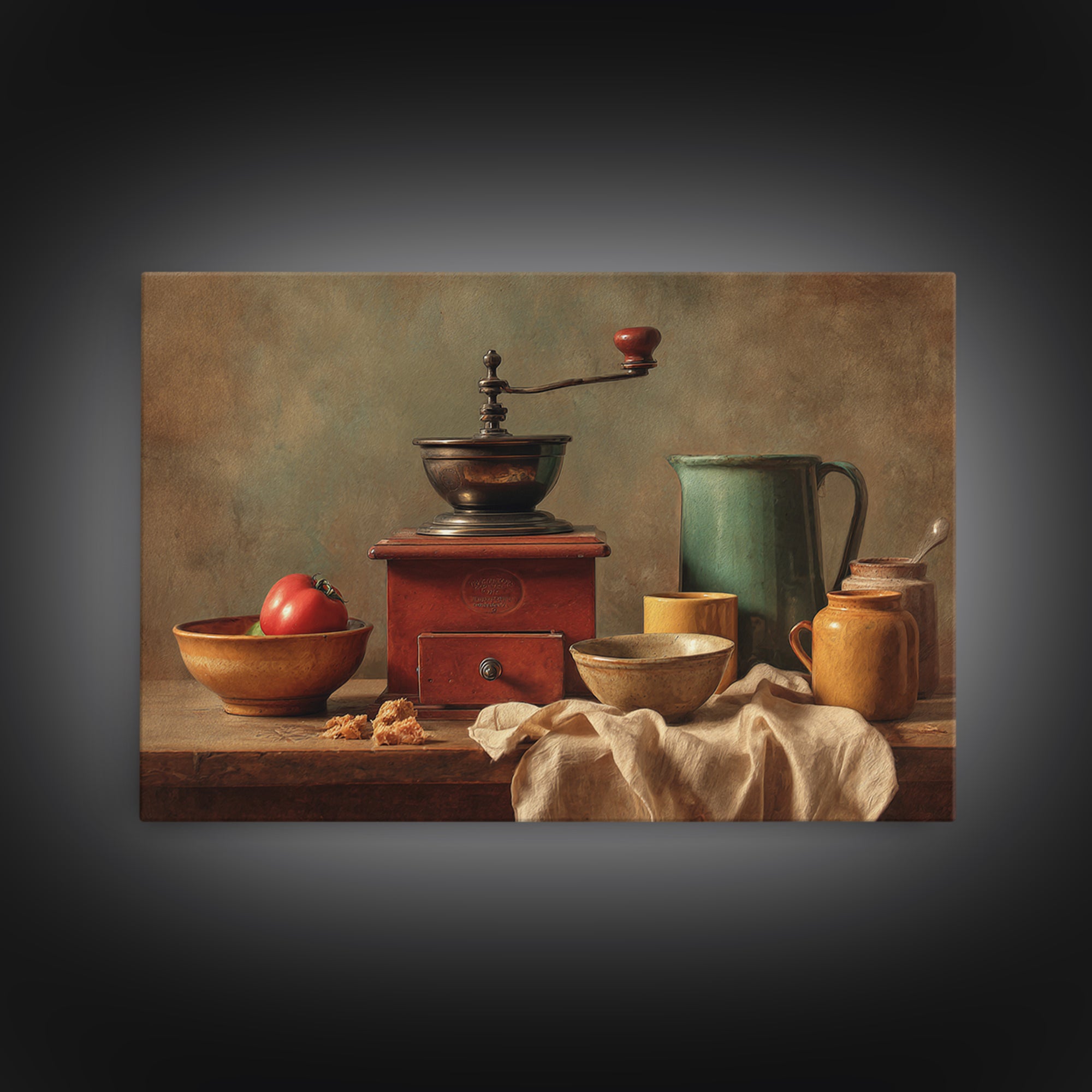 Coffee Grinder Antique Still Life Framed Canvas Print, Coffee Shop Art, Whimsical Art, Cafe Decor, Oil Painting, Cafe, CSA-3x2-40