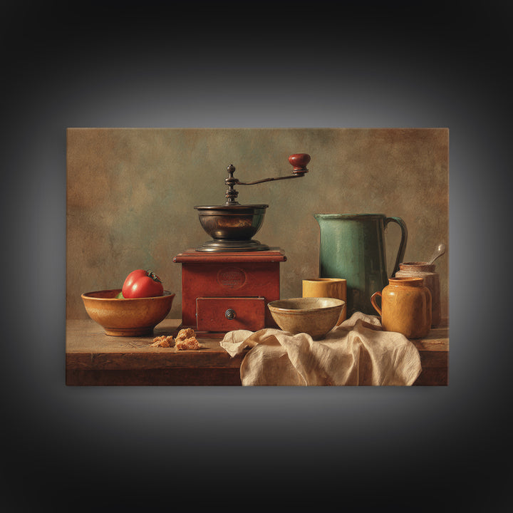 Coffee Grinder Antique Still Life Framed Canvas Print, Coffee Shop Art, Whimsical Art, Cafe Decor, Oil Painting, Cafe, CSA-3x2-40