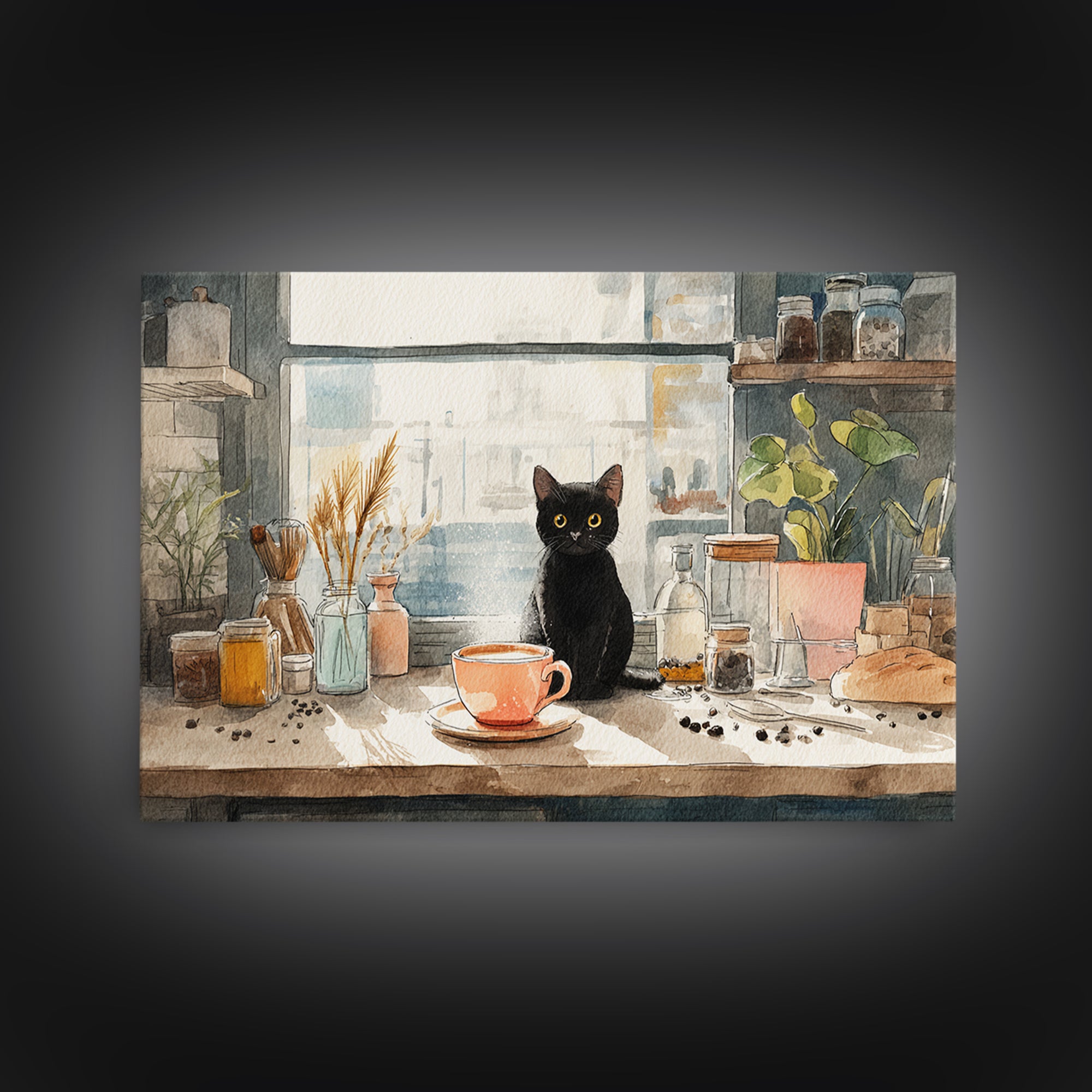 Black Cat Beside a Steaming Cup Canvas Print, Coffee Shop Art, Canvas Print, Cafe Decor, Fine Art, Cafe, Neutral Decor, CSA-3x2-42