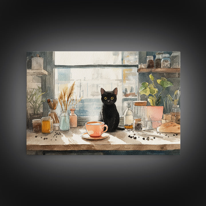 Black Cat Beside a Steaming Cup Canvas Print, Coffee Shop Art, Canvas Print, Cafe Decor, Fine Art, Cafe, Neutral Decor, CSA-3x2-42