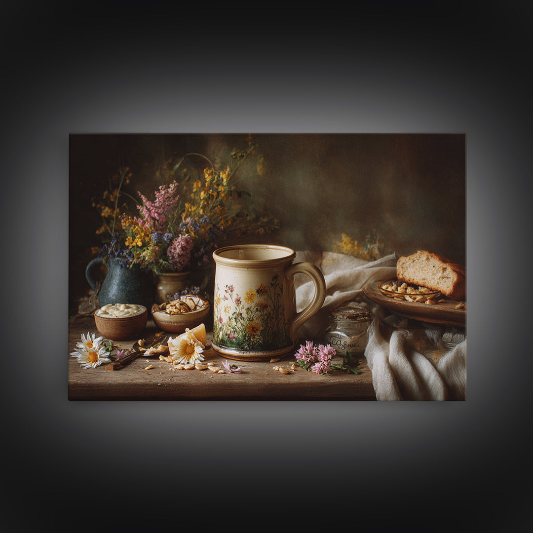 Ceramic Mug with Wildflowers Around It Canvas Print, Coffee Shop Art, Coffee Wall Art, Cafe Decor, Fine Art, Cafe, CSA-3x2-44