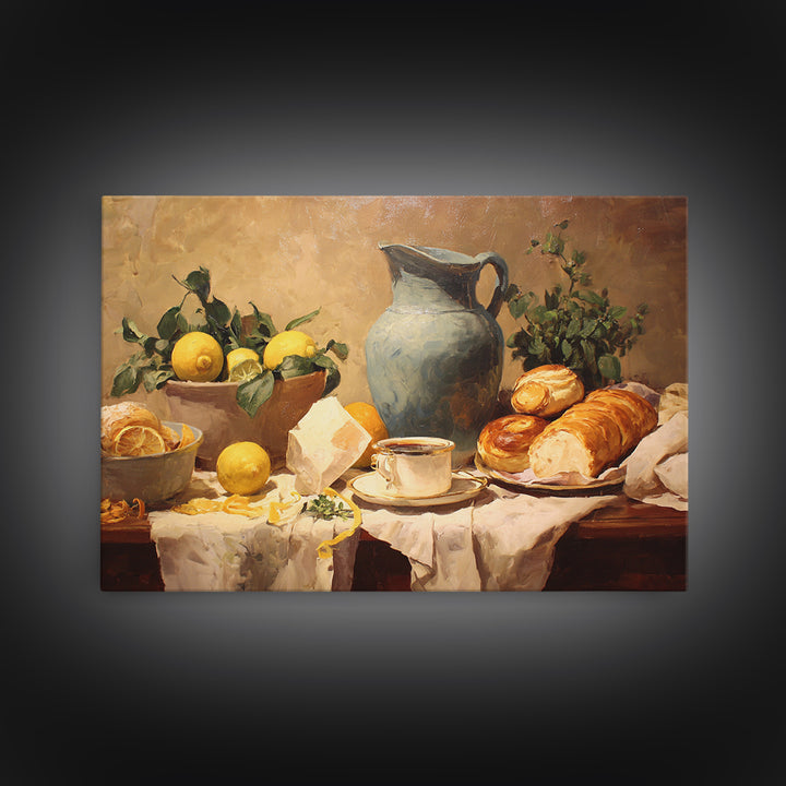 Sunlit Pastry and Coffee Arrangement Framed Canvas Print, Coffee Shop Art, Digital Wall Art, Cafe Decor, Oil Painting, Cafe, CSA-3x2-47