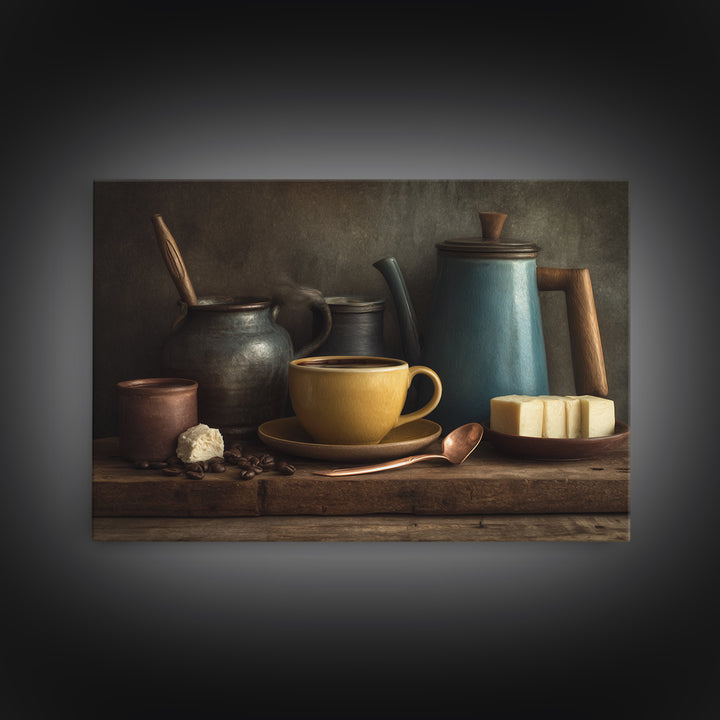 Moody Dark Roast Still Life Framed Canvas Print, Coffee Shop Art, Textured Painting, Cafe Decor, Fine Art, Cafe, Kitchen Decor, CSA-3x2-60