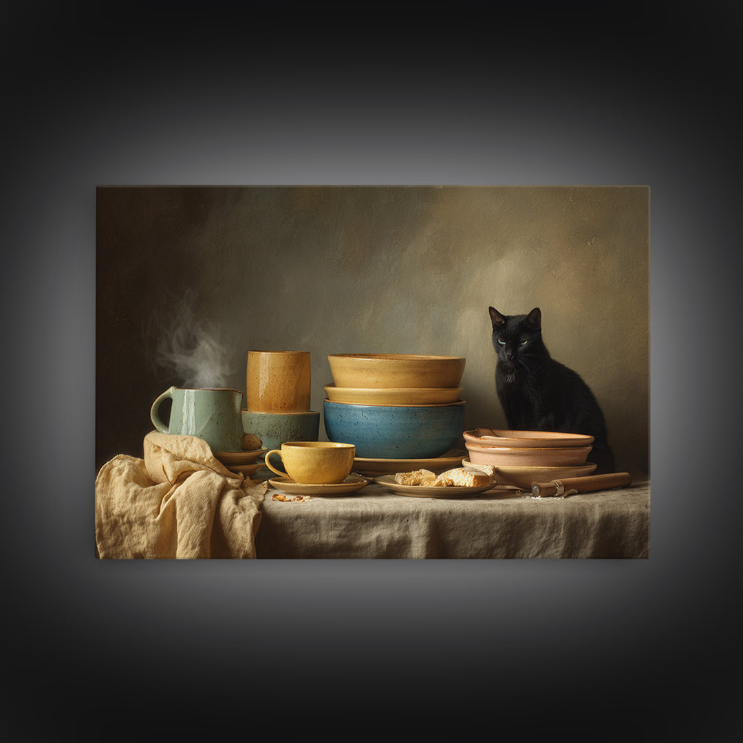 Black Cat Beside a Steaming Cup Canvas Print, Coffee Shop Art, Canvas Print, Cafe Decor, Fine Art, Cafe, Neutral Decor, CSA-3x2-66