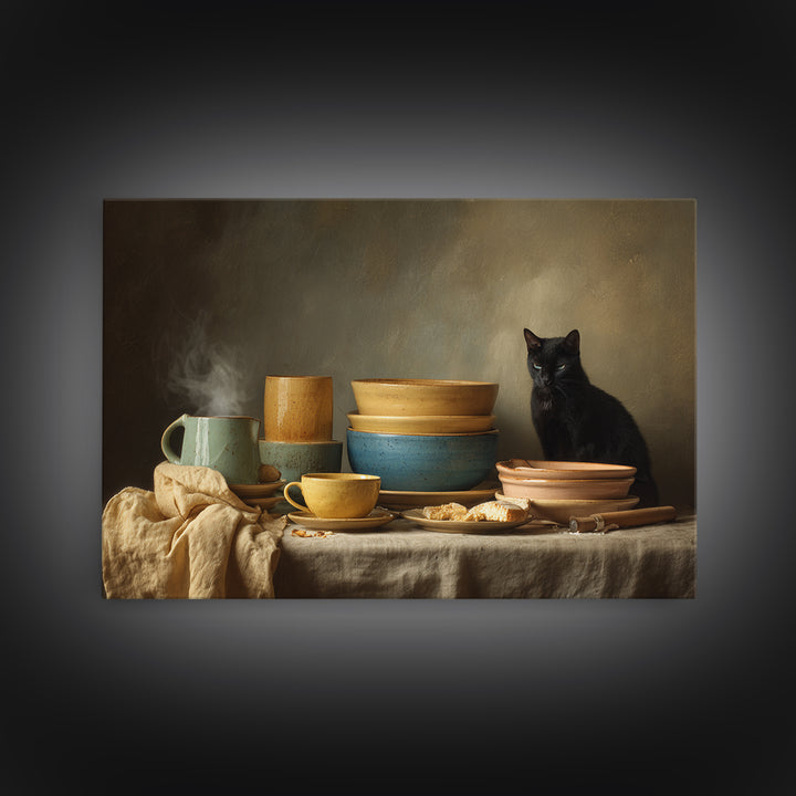 Black Cat Beside a Steaming Cup Canvas Print, Coffee Shop Art, Canvas Print, Cafe Decor, Fine Art, Cafe, Neutral Decor, CSA-3x2-66