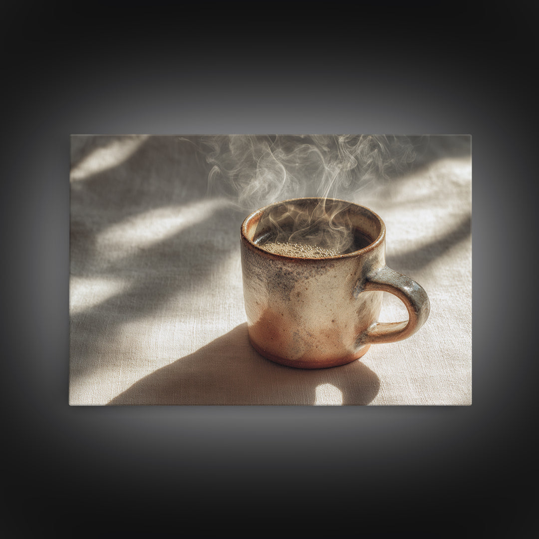 Espresso Cup with Rising Steam and Warm Framed Canvas Print, Coffee Shop Art, Room Decor, Cafe Decor, Fine Art, Cafe, CSA-3x2-77