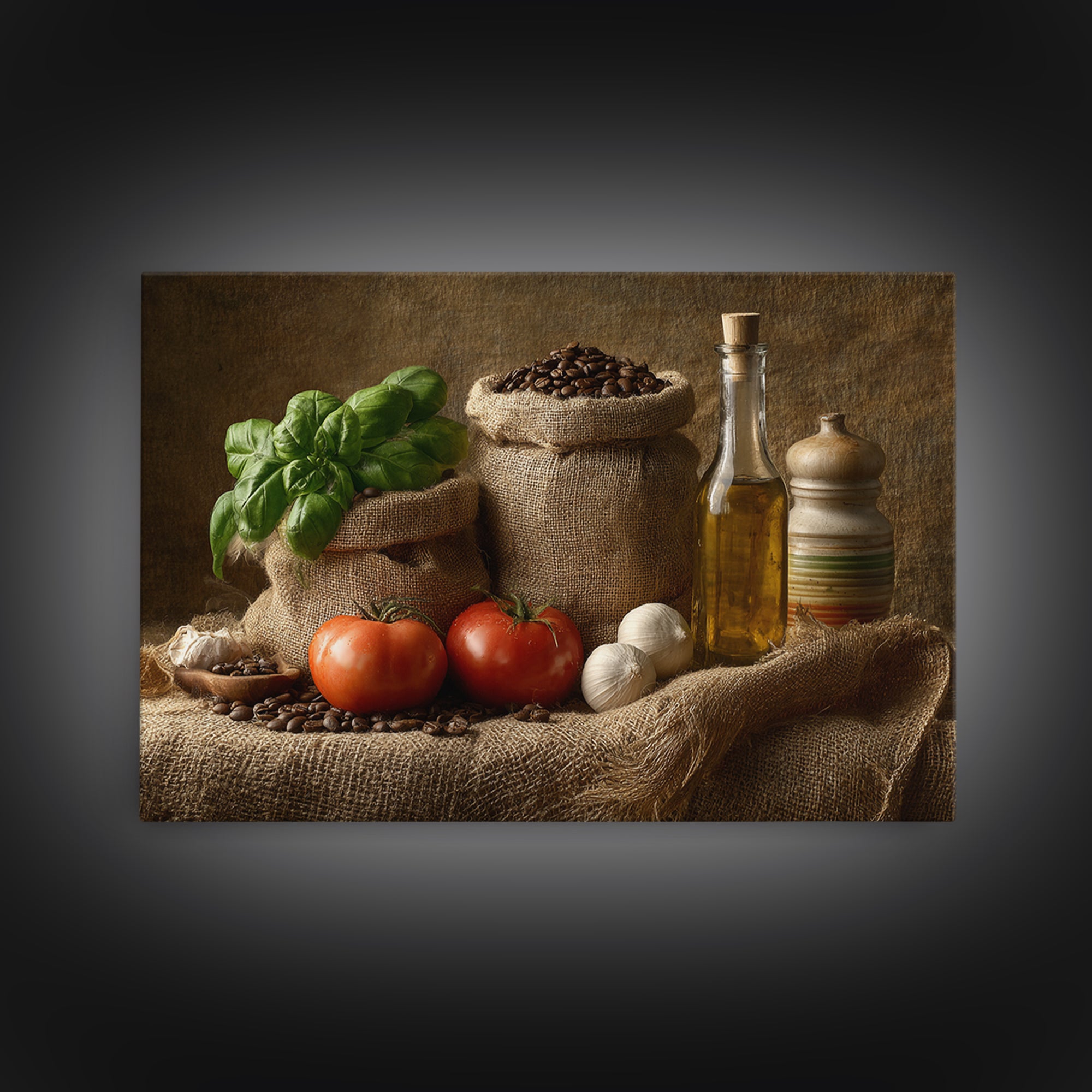 Coffee Beans and Burlap Sack Still Life Framed Canvas Print, Coffee Shop Art, Food Art, Cafe Decor, Fine Art, Cafe, CSA-3x2-78