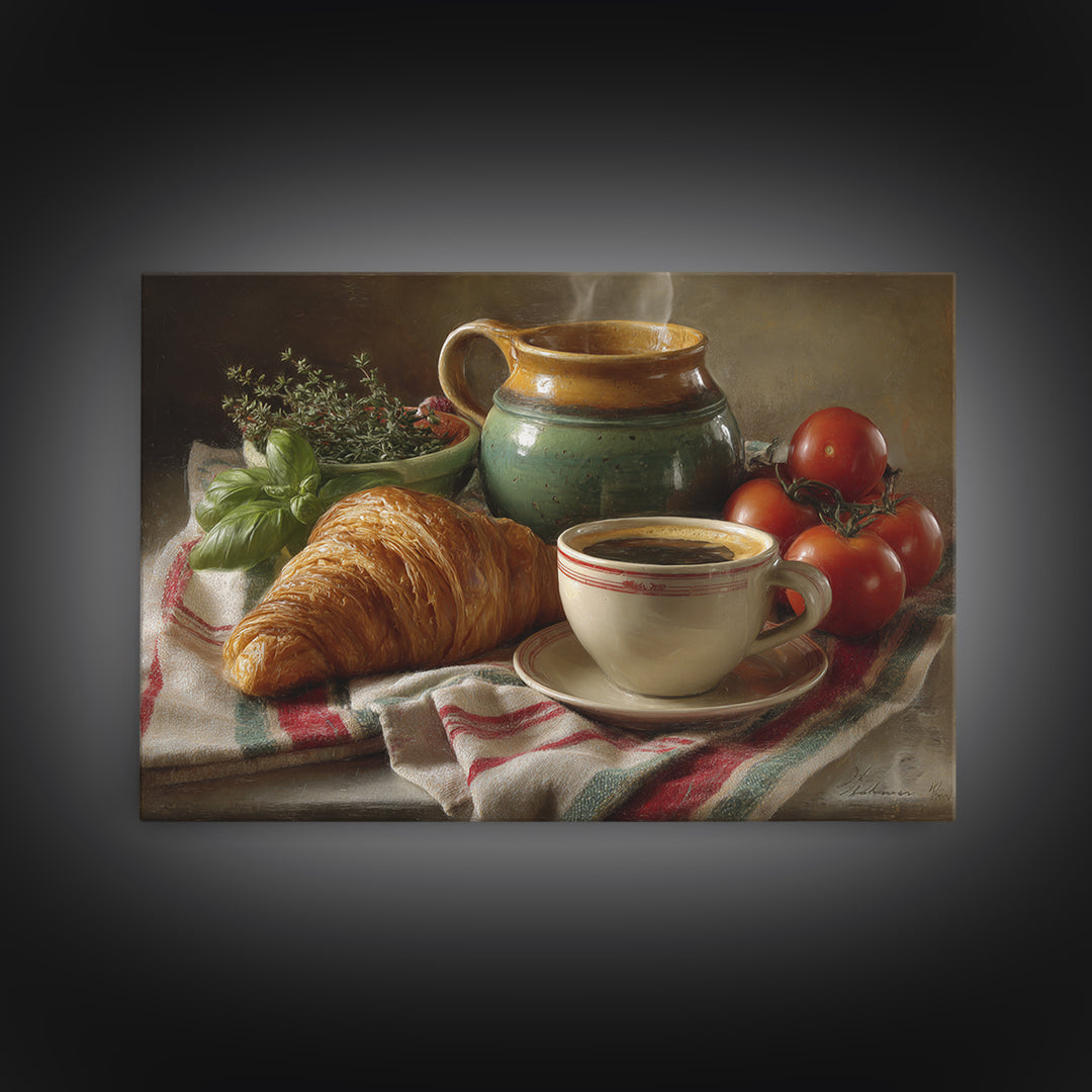 Croissant and Cappuccino on Striped Cloth Framed Canvas Print, Coffee Shop Art, Fine Art Print, Cafe Decor, Fine Art, Cafe, CSA-3x2-81