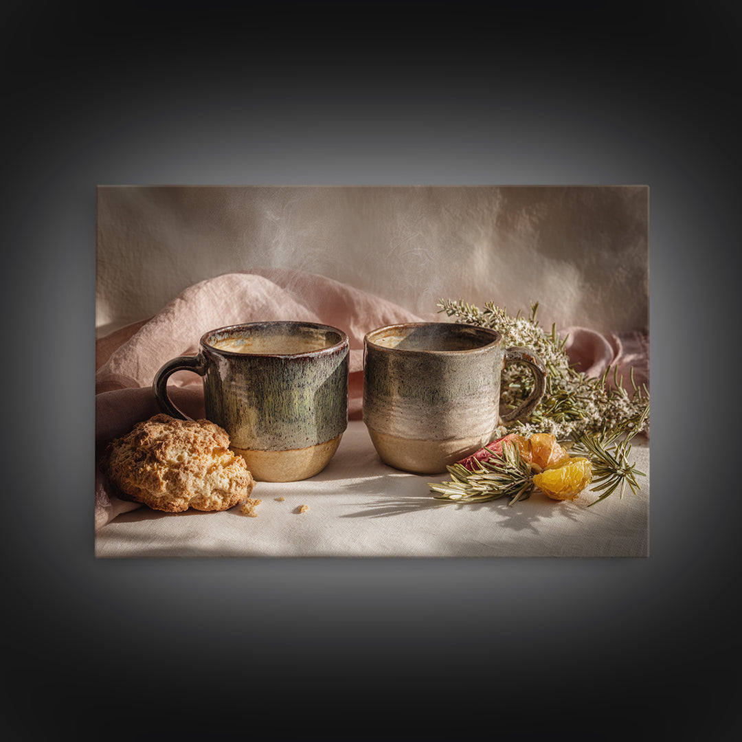 Two Cups Facing Each Other Canvas Print, Coffee Shop Art, Boho Decor, Cafe Decor, Oil Painting, Cafe, Printable, CSA-3x2-89