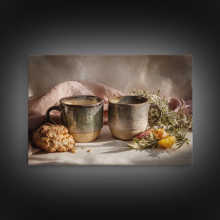 Two Cups Facing Each Other Canvas Print, Coffee Shop Art, Boho Decor, Cafe Decor, Oil Painting, Cafe, Printable, CSA-3x2-89