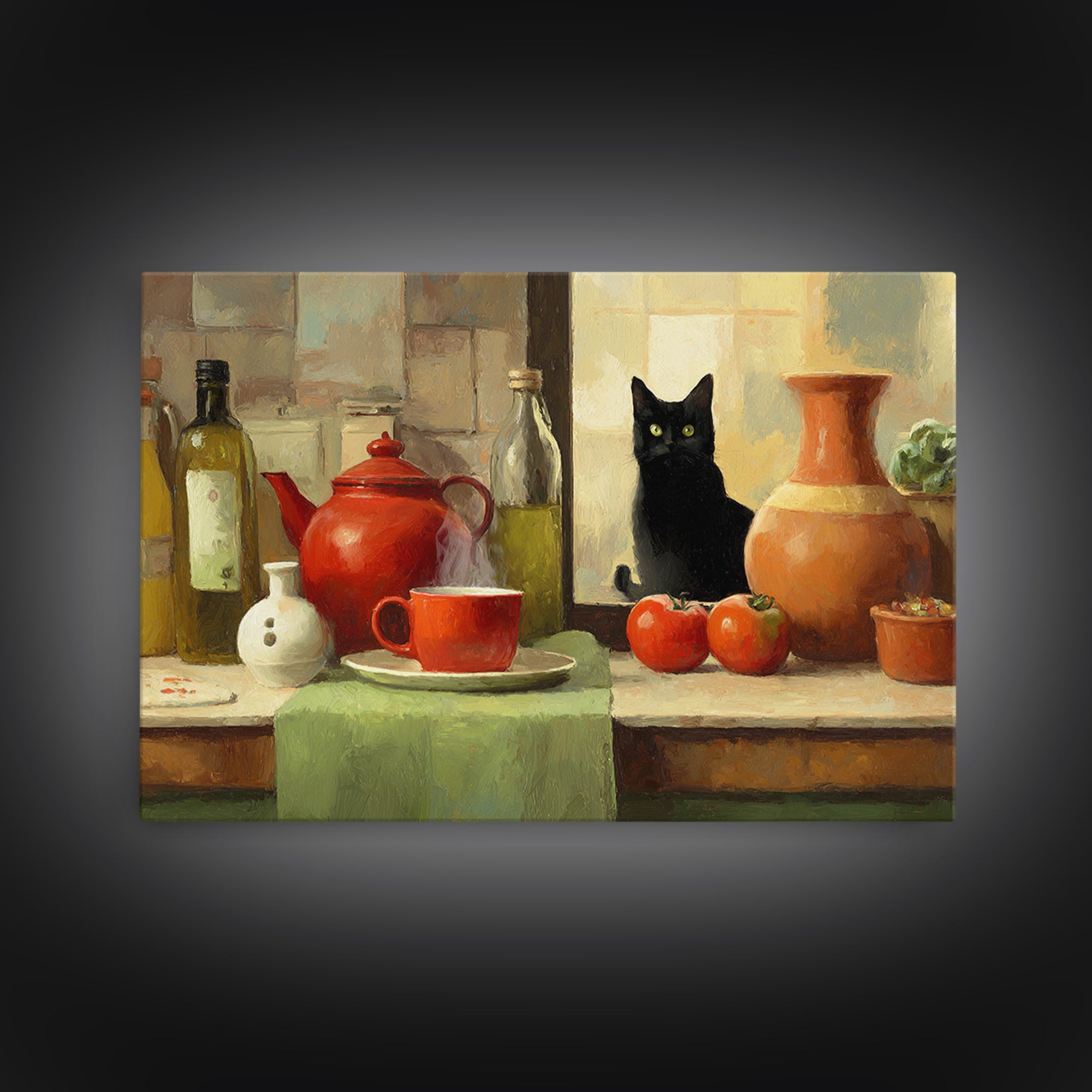 Black Cat Beside a Steaming Cup Framed Canvas Print, Coffee Shop Art, Moody Wall Art, Cafe Decor, Fine Art, Cafe, Luxury Decor, CSA-3x2-90