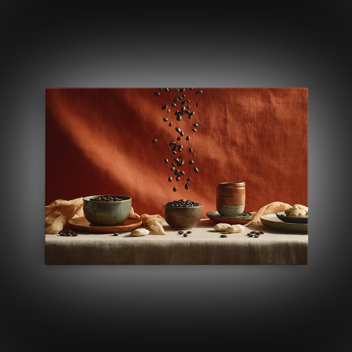 Roasted Beans Falling Through Dark Space Framed Canvas Print, Coffee Shop Art, Printable, Cafe Decor, Fine Art, Cafe, CSA-3x2-96
