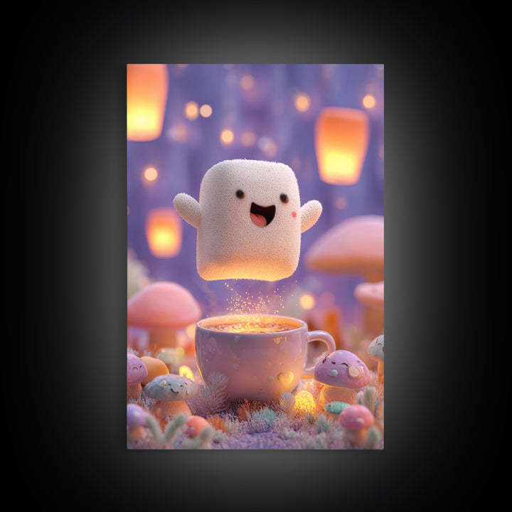 The Marshmallow Ghost, Kids Halloween Decor, Vertical Wall Art, Canvas Print, Halloween Kids Decor, Whimsical Wall Art, Dark Fantasy Art