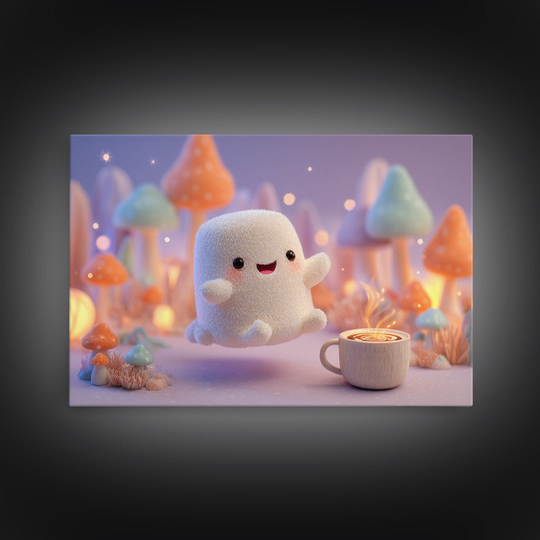 The Marshmallow Ghost, Storybook Halloween Art, Landscape Wall Art, Framed Canvas Print, Halloween Kids Decor, Whimsical Wall Art