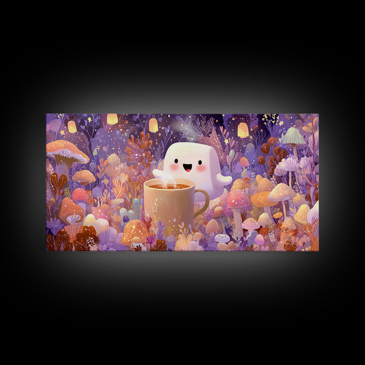 The Marshmallow Ghost, Storybook Halloween Art, Wide Panoramic Art, Canvas Print, Halloween Kids Decor, Whimsical Wall Art
