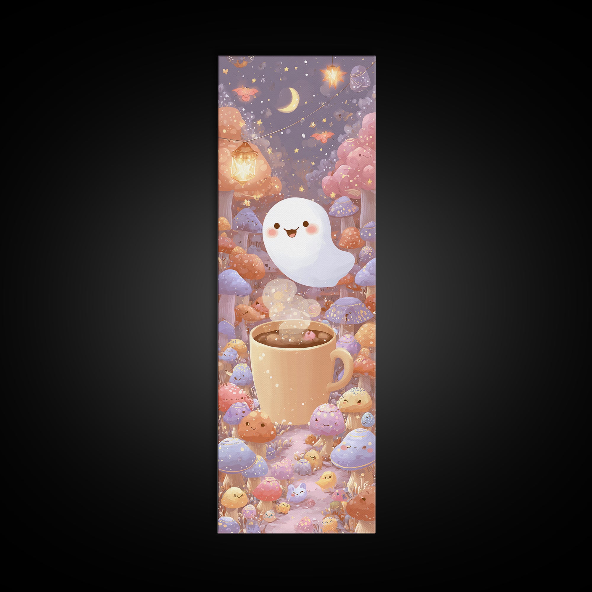 The Marshmallow Ghost, Cute Spooky Wall Art, Tall Narrow Wall Art, Framed Canvas Print, Halloween Kids Decor, Whimsical Wall Art