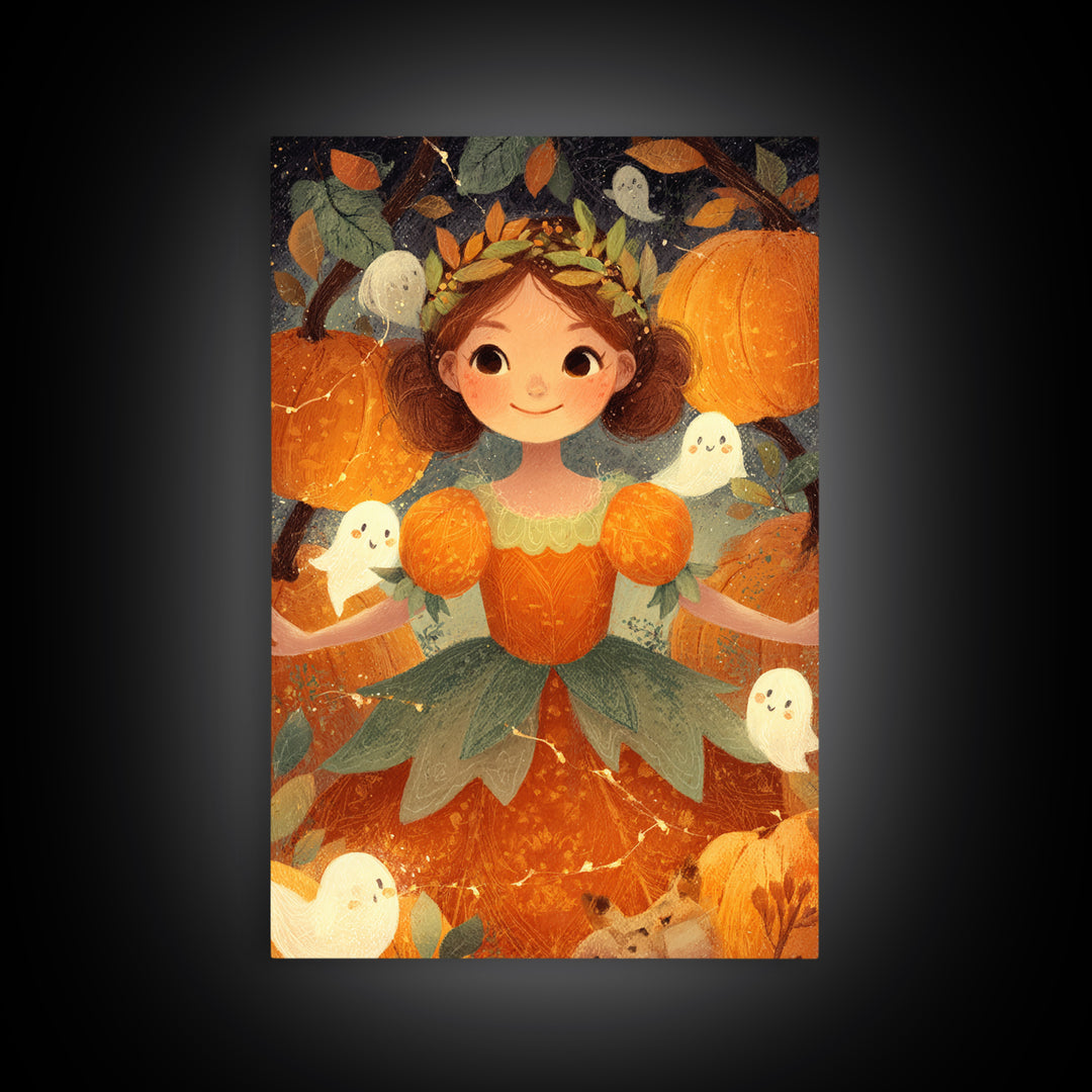 The Pumpkin Princess, Cute Spooky Wall Art, Vertical Wall Art, Canvas Print, Halloween Kids Decor, Whimsical Wall Art, Spooky Wall Decor
