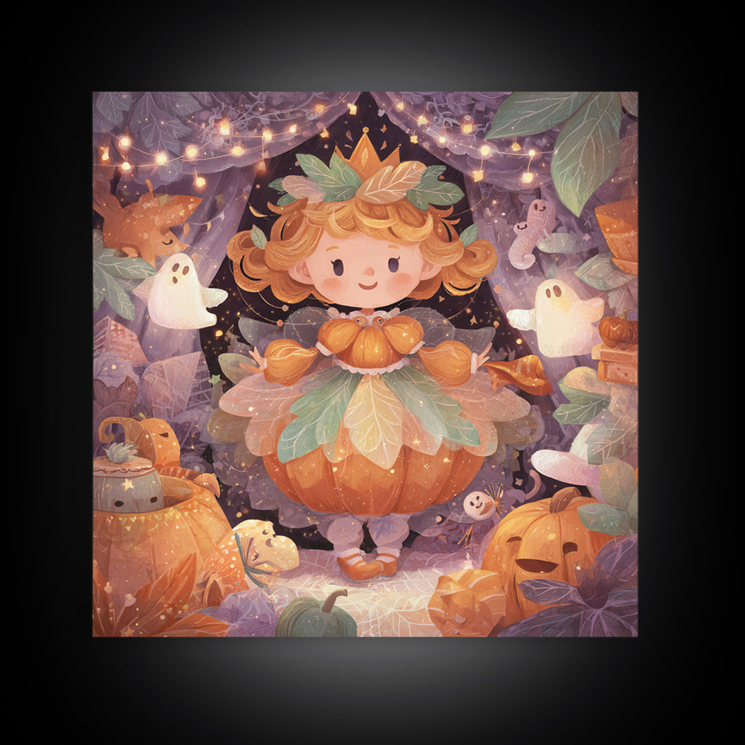 The Pumpkin Princess, Storybook Halloween Art, Square Wall Art, Canvas Print, Halloween Kids Decor, Whimsical Wall Art