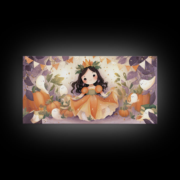 The Pumpkin Princess, Cute Halloween Wall Art, Wide Panoramic Art, Framed Canvas Print, Halloween Kids Decor, Whimsical Wall Art