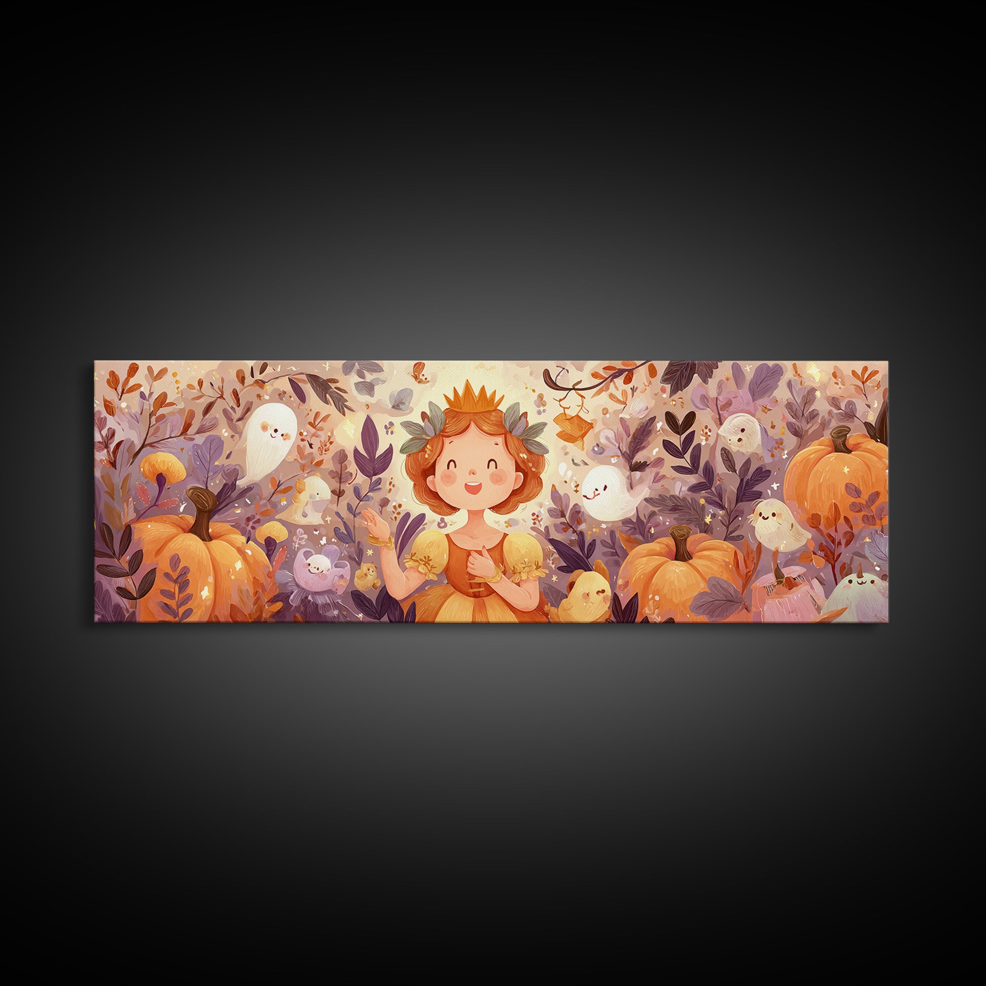 The Pumpkin Princess, Cute Spooky Wall Art, Extra Wide Wall Art, Canvas Print, Halloween Kids Decor, Whimsical Wall Art, Halloween Decor