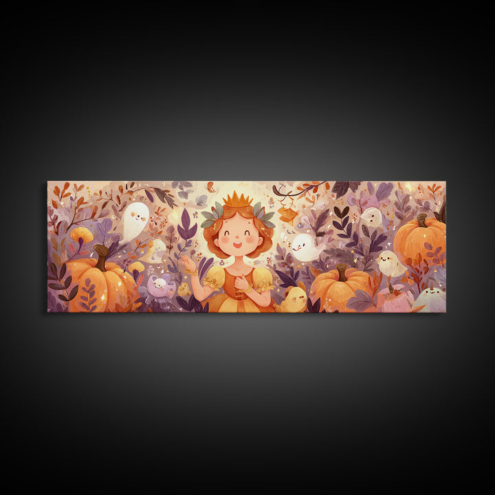 The Pumpkin Princess, Cute Spooky Wall Art, Extra Wide Wall Art, Canvas Print, Halloween Kids Decor, Whimsical Wall Art, Halloween Decor