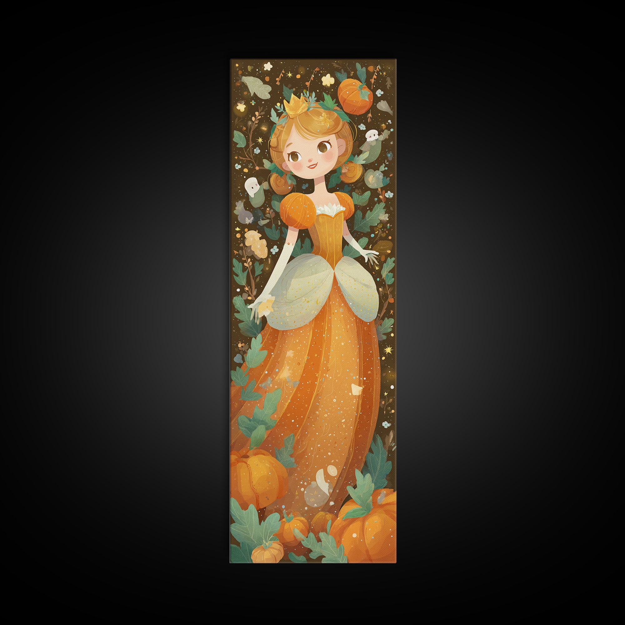 The Pumpkin Princess, Kids Halloween Decor, Tall Narrow Wall Art, Framed Canvas Print, Halloween Kids Decor, Whimsical Wall Art