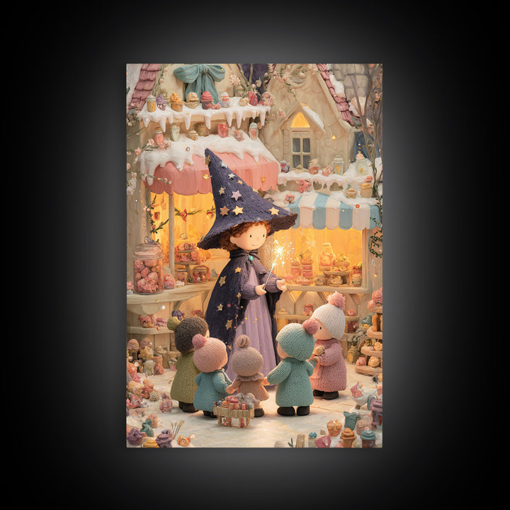 The Little Star Witch, Cute Halloween Wall Art, Vertical Wall Art, Framed Canvas Print, Halloween Kids Decor, Whimsical Wall Art