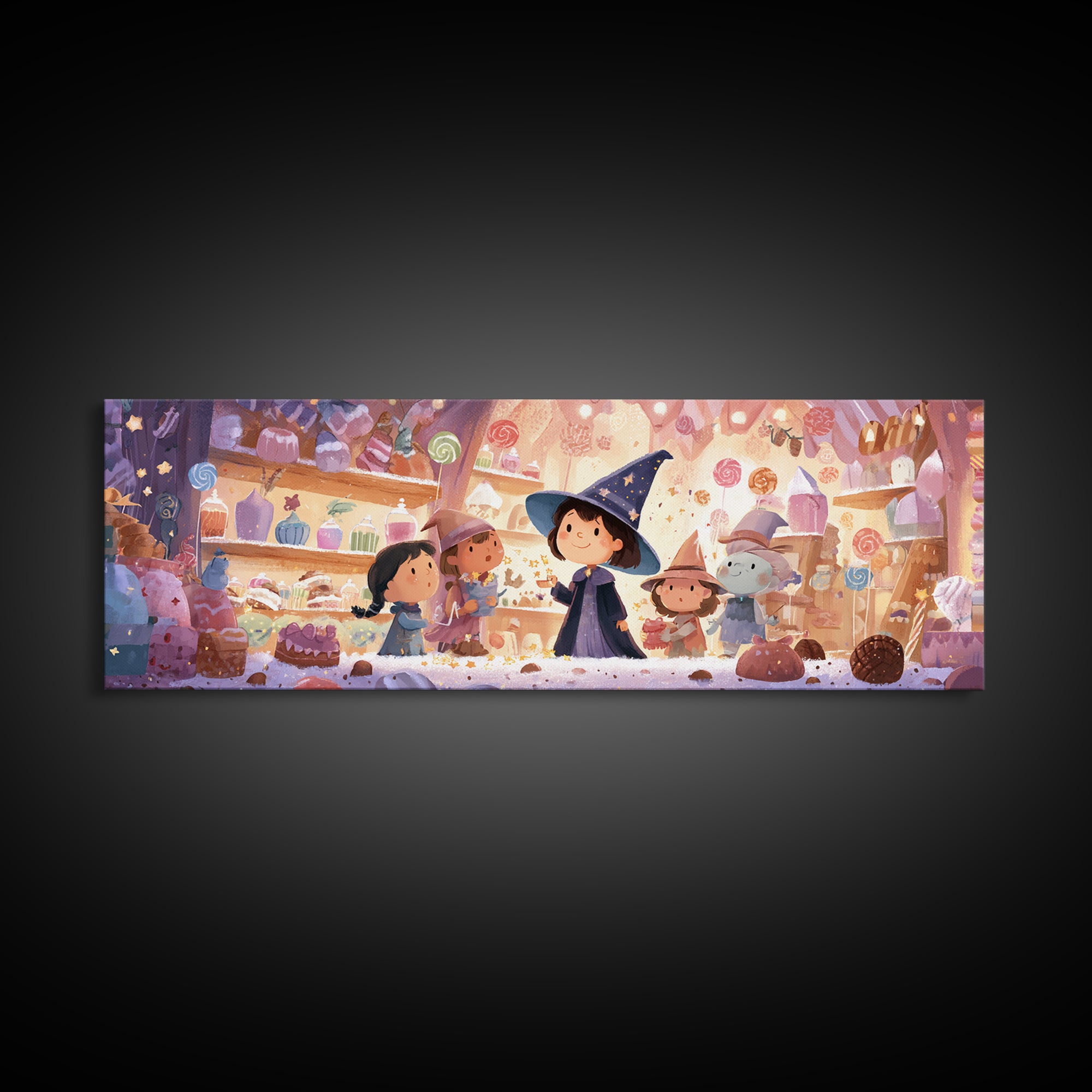 The Little Star Witch, Storybook Halloween Art, Extra Wide Wall Art, Framed Canvas Print, Halloween Kids Decor, Whimsical Wall Art